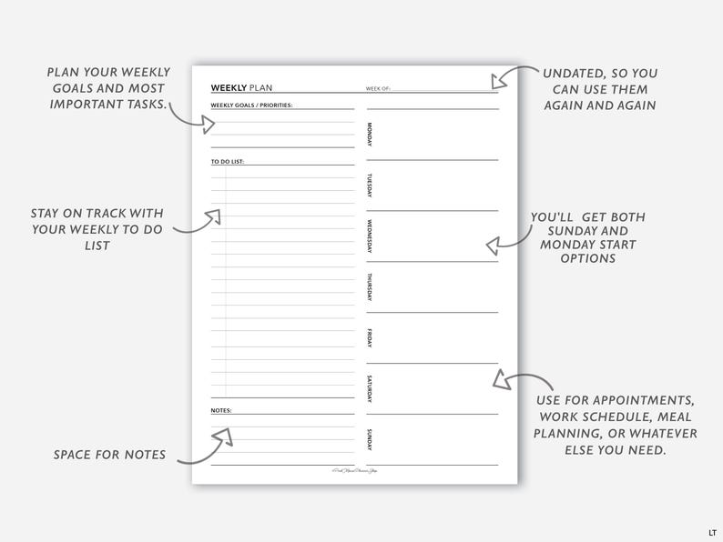 May include: A black and white printable weekly planner with space for weekly goals, to-do lists, and daily tasks. The planner is undated, so it can be used again and again.
