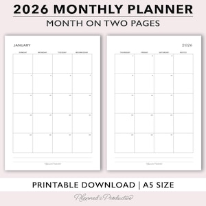 May include: A minimalist 2026 monthly planner, featuring a month-on-two-pages layout. The design is clean with a white background and black text, including the month of January. The planner is available as a printable download in A5 size.