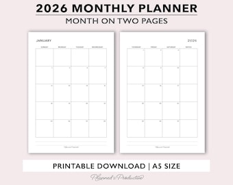 2026 Monthly Printable Planner Inserts, Month on 2 Pages Calendar Template, Printable Two Page Monthly Calendar Refill for A5 Planners
