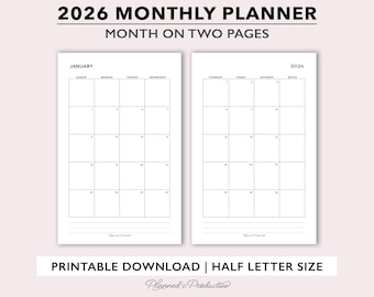 May include: A printable 2026 monthly planner with a month-on-two-pages layout. The planner features a simple, minimalist design with a grid for each day of the month. The text "2026 Monthly Planner" and "Month on Two Pages" are at the top.
