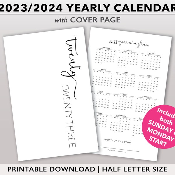 2023 | 2024 Yearly Calendar & Cover Page Printable for Half Size Planners, Annual Calendar with Script Yearly Dashboard Insert Template