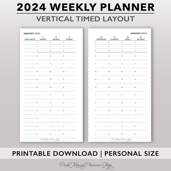 2024 Vertical Weekly Planner Printable, Timed Weekly Planner Insert, Personal Size Week on 2 Page Planner Template, Hourly Weekly Schedule