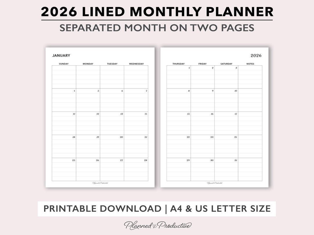 2026 Printable Lined Monthly Planner Inserts, Full Size Monthly ...