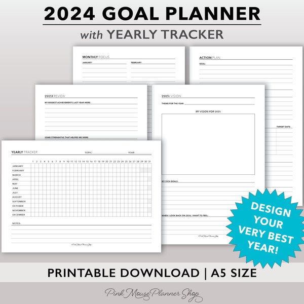 2024 Goal Planning Inserts for A5 Ring or Discbound Planners, Printable New Years Goal Setting Bundle with Yearly Tracker, New Years Vision