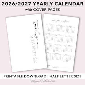 2026 | 2027 Yearly Calendar & Cover Page Printable for Half Size Planners, Annual Calendar with Script Yearly Dashboard Insert Template