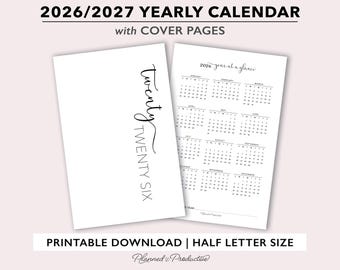 2026 | Calendrier annuel 2027 et page de couverture imprimables pour les organisateurs demi-taille, modèle d'insertion de calendrier annuel avec script pour tableau de bord annuel