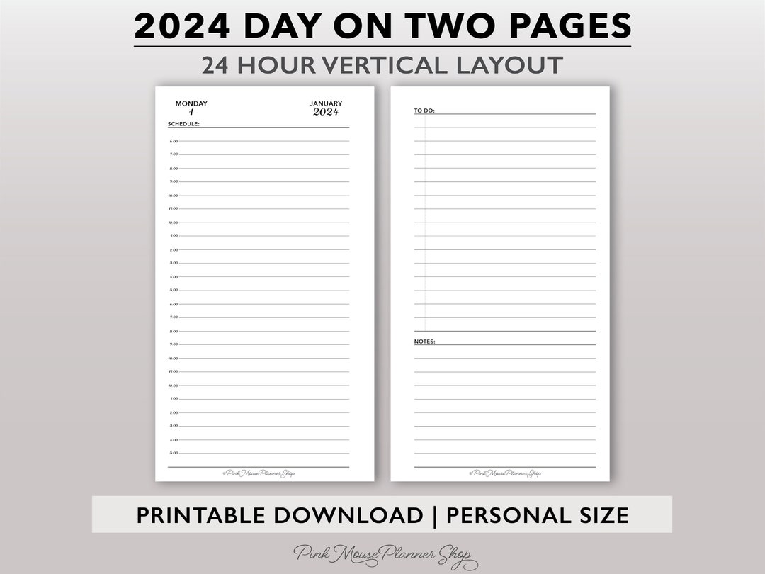 2024 Two Pages per Day Planner Printable Insert With 24 Hour Schedule