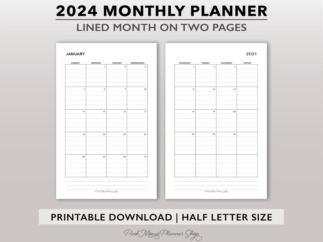 2024 Lined Monthly Printable Planner Inserts, Month on 2 Pages Calendar ...