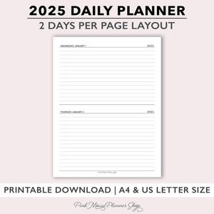 2025 Inserciones de planificador de dos días por página, diario con fecha, planificador imprimible de dos días por página, recambio de agenda diaria mínima de media página por día