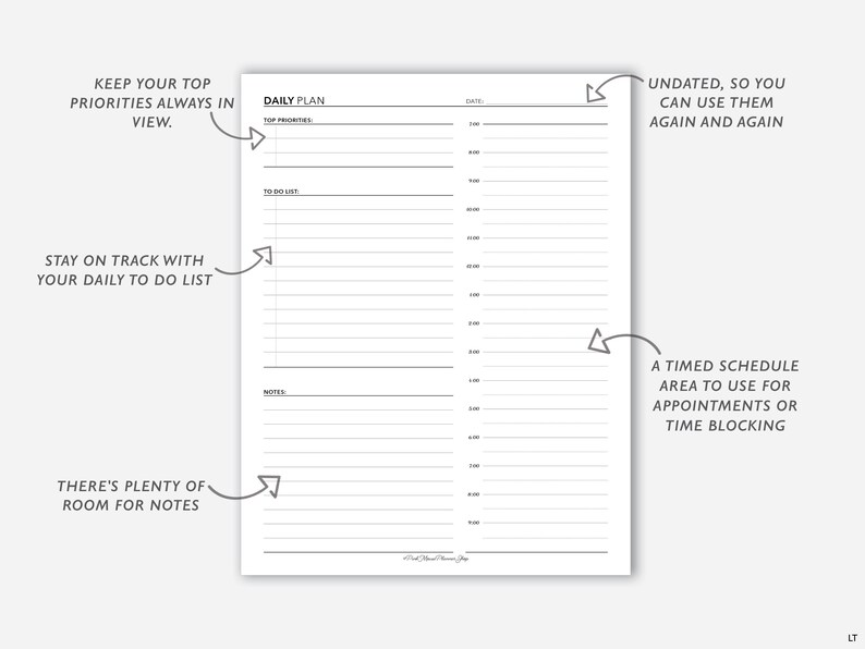 May include: A printable daily planner page with a section for top priorities, a to-do list, notes, and a timed schedule. The planner is undated, so it can be used again and again.