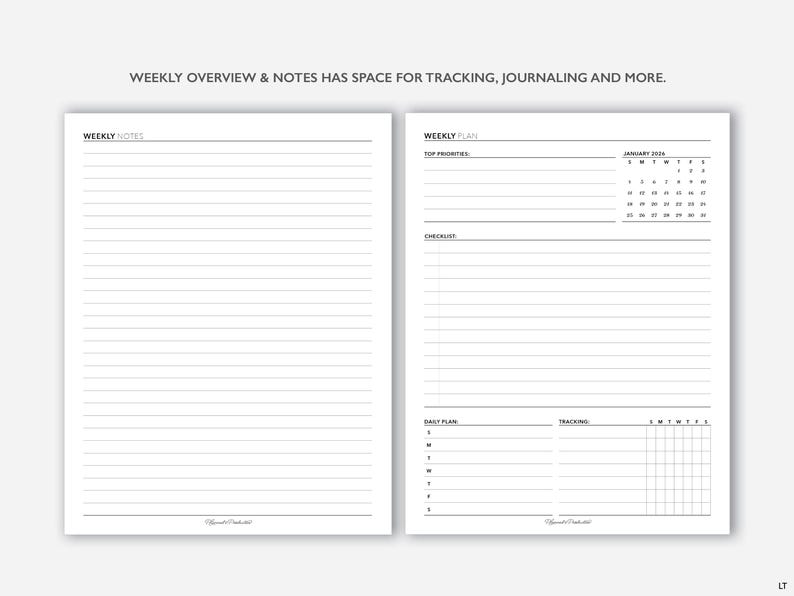Puede incluir: Una p&aacute;gina doble de un planificador con el texto "WEEKLY OVERVIEW & NOTES HAS SPACE FOR TRACKING, JOURNALING AND MORE." La p&aacute;gina izquierda est&aacute; rayada para notas. La p&aacute;gina derecha incluye un calendario, una lista de verificaci&oacute;n, un plan diario y una secci&oacute;n de seguimiento.