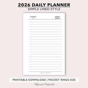 2026 Lined Daily Planner Inserts, Simple Dated Daily Journal, One Day per Page Printable Planner, Minimal Pocket Size Daily Agenda Refill