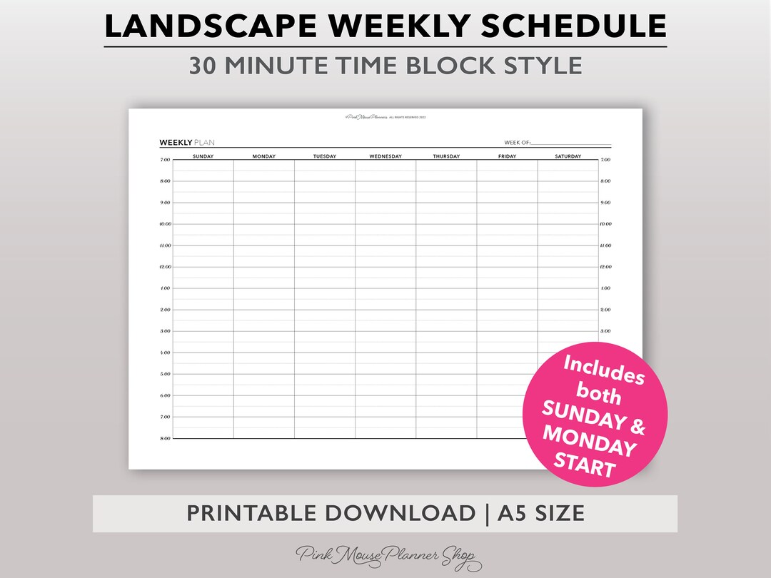 30 Minute Weekly Schedule Printable, Time Block Planner Insert, Hourly ...