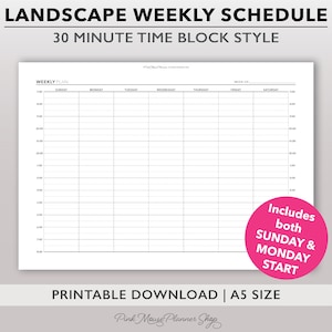 30 Minute Weekly Schedule Printable, Time Block Planner Insert, Hourly ...