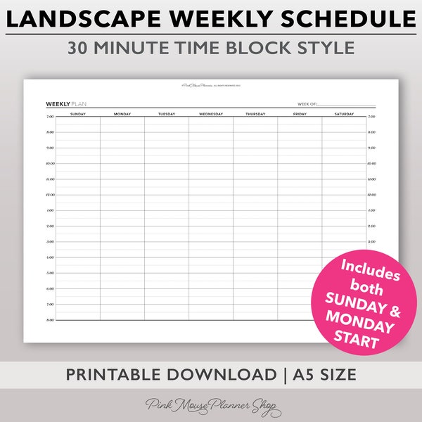 30 Minute Weekly Schedule Printable, Time Block Planner Insert, Hourly Planner Page, Vertical Weekly Calendar in Landscape, Weekly Agenda