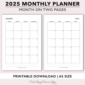 Inserções de planejador mensal para impressão de 2025, modelo de calendário mensal de 2 páginas, recarga de calendário mensal de duas páginas imprimível para planejadores A5