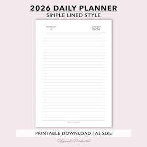 Puede incluir: Una página de planificador diario imprimible blanca con líneas horizontales. La parte superior de la página dice "2026 DAILY PLANNER" y "SIMPLE LINED STYLE". La fecha "Jueves, Enero 2026" está en la parte superior. La parte inferior dice "PRINTABLE DOWNLOAD | A5 SIZE".