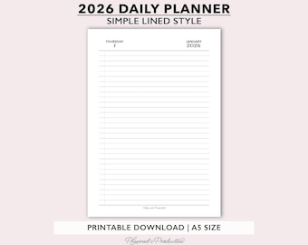 2026 Lined Daily Planner Inserts, Simple Dated Daily Journal, One Day per Page Printable Planner, Minimal A5 Size Daily Agenda Refill