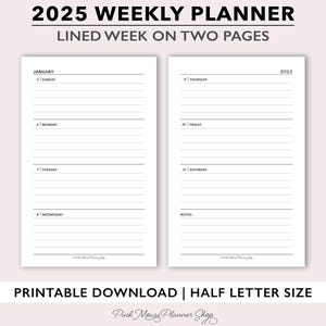 Planificador semanal forrado 2025 imprimible, plantilla de planificador semanal 2025, calendario semanal para carpetas de anillas, semana de tamaño medio en agenda reglada de 2 páginas