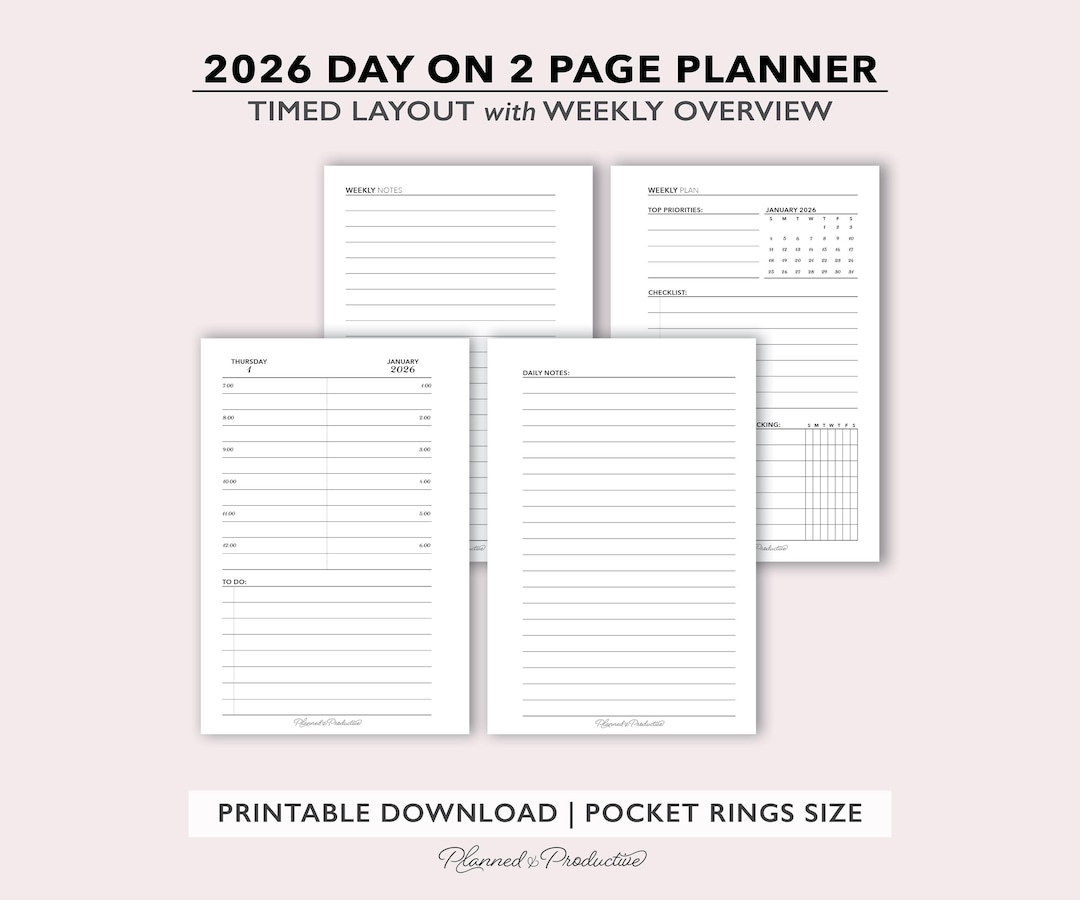 2026 Two Page Daily Planner Printable W/ Weekly Overview, Hourly Timed ...