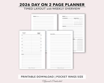 2026 Two Page Daily Planner Printable w/ Weekly Overview, Hourly Timed Agenda Template, 2 Page per Day Schedule Insert for Pocket / A7 Rings