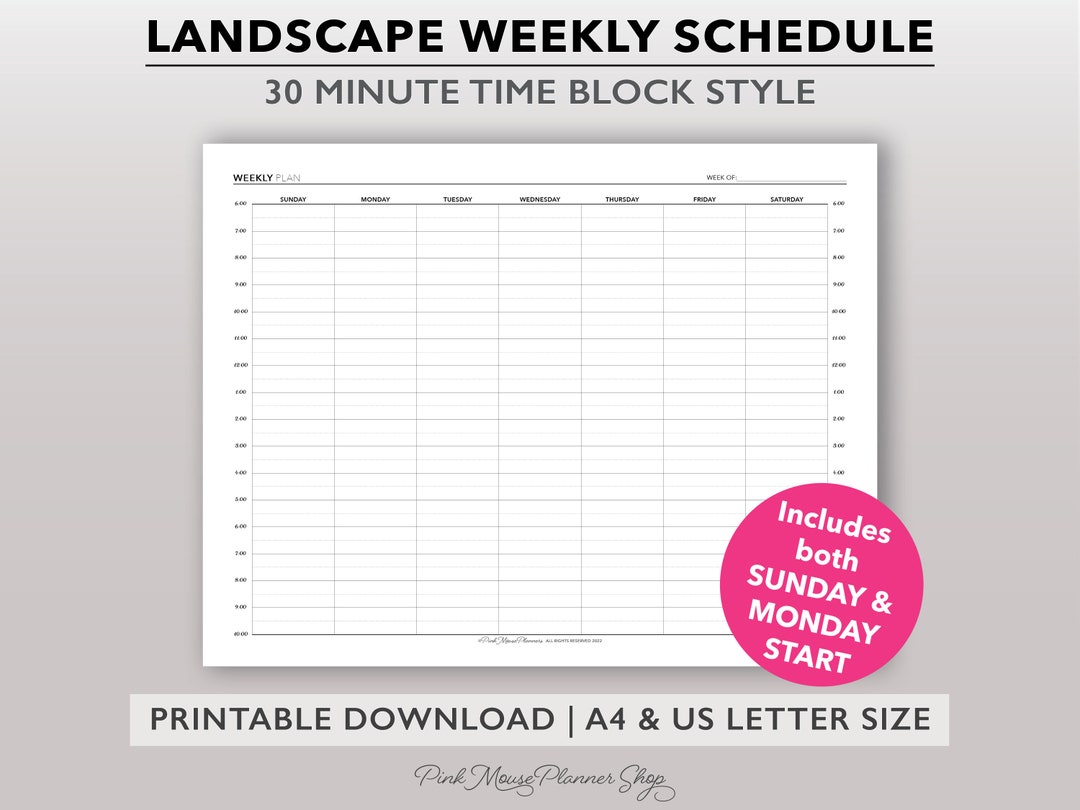30 Minute Weekly Schedule Printable, Time Block Planner Insert, Hourly ...