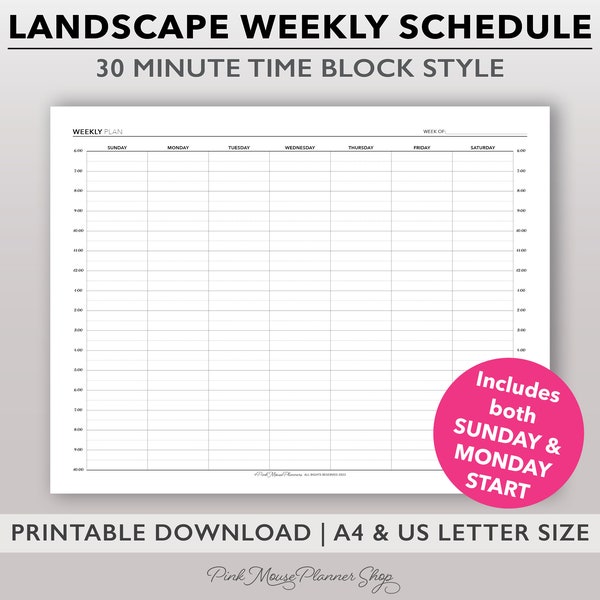 30 Minute Weekly Schedule Printable, Time Block Planner Insert, Hourly Planner Page, Vertical Weekly Calendar in Landscape, Weekly Agenda