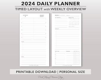 2024 Daily Timed Planner Inserts w/ Weekly Overview, Dated Day per Page Printable Planner, Personal Size Daily Agenda Appointment Schedule