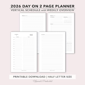 2026 Two Page per Day Daily Planner Printable w/ Weekly Dashboard & Notes, Half Letter Size Day on 2 Page Planner Insert, Do2P Dated Planner