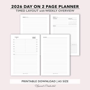 2026 Two Page per Day Daily Planner Printable w/ Weekly Dashboard & Notes, Day on 2 Page Planner Insert, A5 Hourly Dated Daily Planner Pages