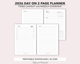 2026 Two Page per Day Daily Planner Printable w/ Weekly Dashboard & Notes, Day on 2 Page Planner Insert, A5 Hourly Dated Daily Planner Pages