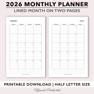 May include: A 2026 monthly planner with lined months on two pages. The planner includes a January calendar and a 2026 calendar. The text "Printable Download | Half Letter Size" is also visible.