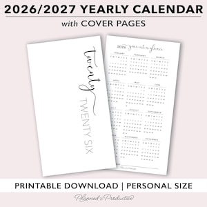 2026 | 2027 Jahreskalender & Deckblatt zum Ausdrucken für Personal Size Planner, Jahreskalender mit Script Jahres-Dashboard Insert-Vorlage
