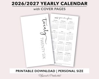 2026 | Calendrier annuel 2027 et page de couverture imprimables pour les organisateurs de taille personnelle, modèle d'insertion de calendrier annuel avec script pour tableau de bord annuel