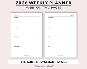 2026 Weekly Planner Printable, A5 Weekly Calendar for Ring Binders, Minimalist Week on 2 Pages Agenda, A5 Weekly Planner Insert Template PDF