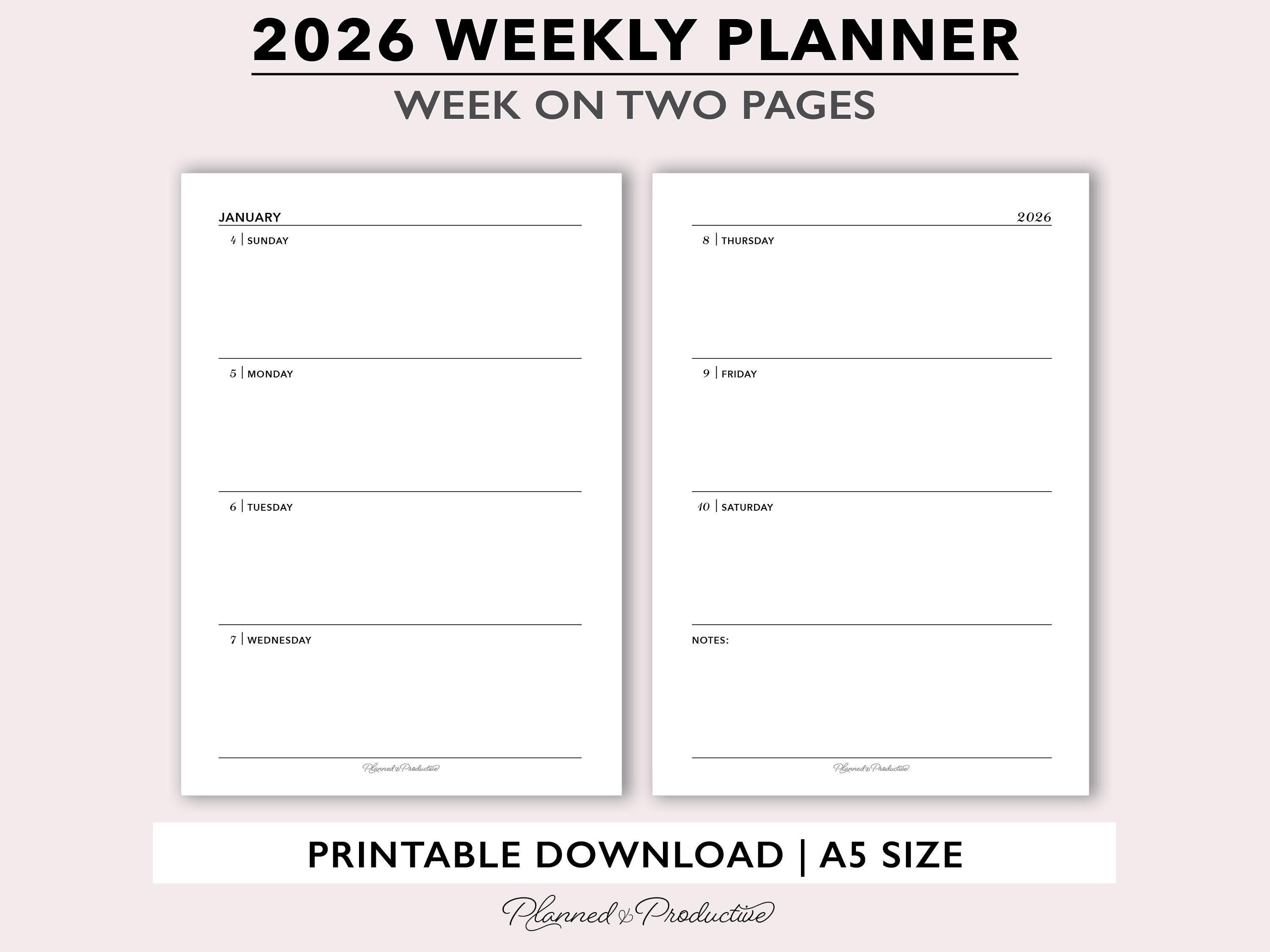 2026 Weekly Planner Printable, A5 Weekly Calendar for Ring Binders