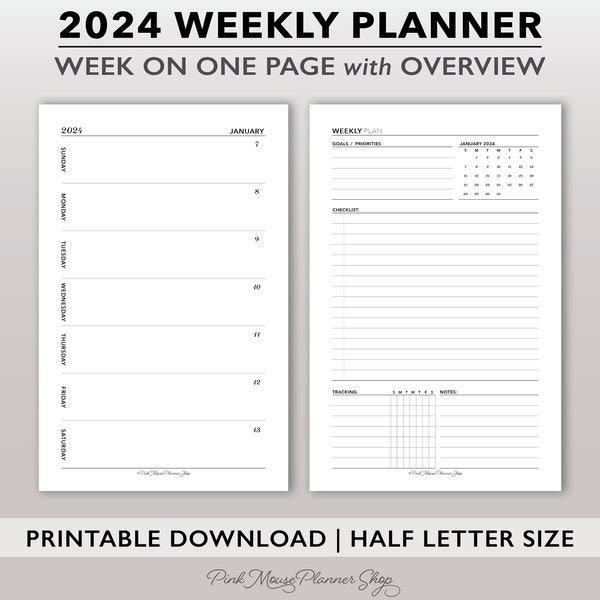 2024 Weekly Planner Printable, Half Size Weekly Planner Template, Dated Weekly Insert with Weekly Overview, Week on 2 Page Planner Insert