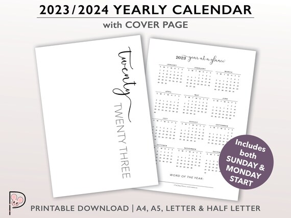 2023 2024 Yearly Calendar & Cover Page Printable for A4 A5 - Etsy