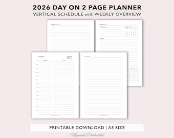 2026 Two Page per Day Daily Planner Printable w/ Weekly Dashboard & Notes, Day on 2 Page Planner Insert, A5 Size Do2P Dated Daily Planner