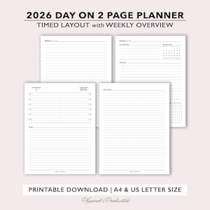 2026 Two Page per Day Daily Planner Printable w/ Weekly Dashboard & Notes, Day on 2 Page Planner Insert, Full Letter Size Do2P Dated Planner