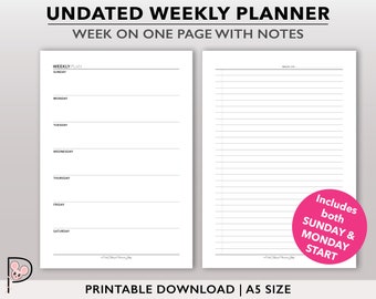 May include: A printable weekly planner template in A5 size. The planner has a section for each day of the week, Sunday through Saturday, and a notes section. The planner includes both Sunday and Monday start options.