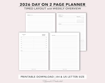 2026 Two Page per Day Daily Planner Printable w/ Weekly Dashboard & Notes, Day on 2 Page Planner Insert, Full Letter Size Do2P Dated Planner