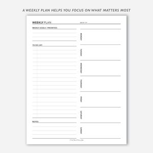 May include: A black and white printable weekly planner with sections for weekly goals, to-do list, notes, and a daily schedule from Monday to Sunday.