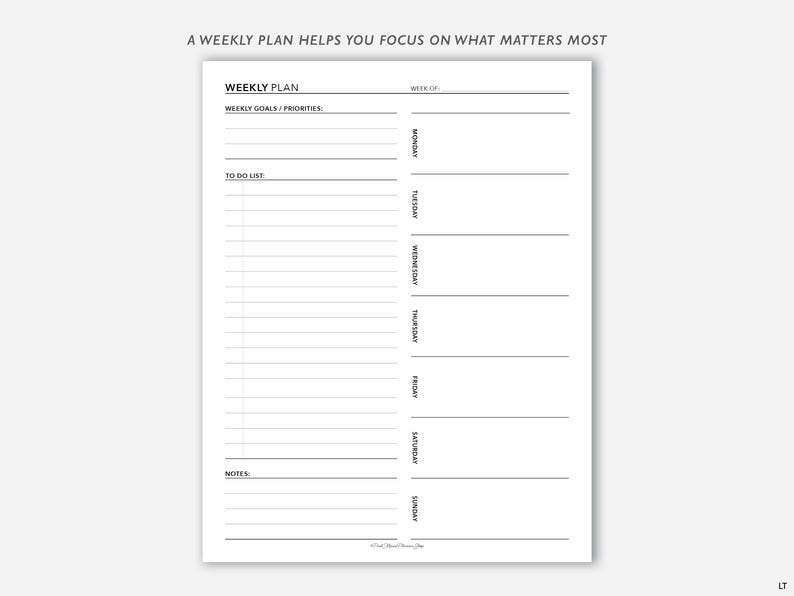 May include: A black and white printable weekly planner with sections for weekly goals, to-do list, notes, and a daily schedule from Monday to Sunday.