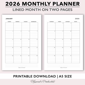 May include: A printable 2026 monthly planner with lined pages, displayed on two white pages. The left page is labeled "January" and the right page has "2026" at the top. The text "PRINTABLE DOWNLOAD | A5 SIZE" is at the bottom.