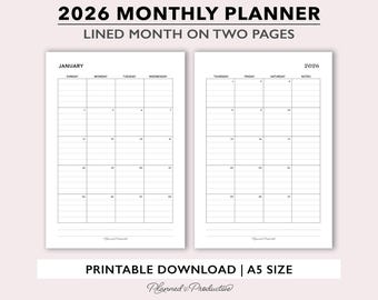 May include: A printable 2026 monthly planner with lined pages, displayed on two white pages. The left page is labeled "January" and the right page has "2026" at the top. The text "PRINTABLE DOWNLOAD | A5 SIZE" is at the bottom.