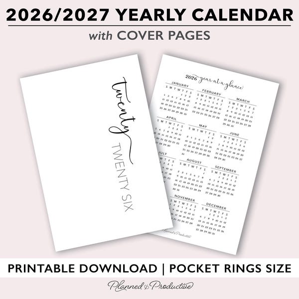 2026 | 2027 Yearly Calendar & Cover Page Printable for Pocket Size Planners, Small Yearly Calendar, A7 Pocket Rings Planner Template,