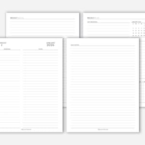 Puede incluir: Un conjunto de p&aacute;ginas de planificador blancas con texto negro. Las p&aacute;ginas incluyen secciones para notas semanales, planes semanales, notas diarias y un calendario para enero de 2026. Las p&aacute;ginas est&aacute;n rayadas.