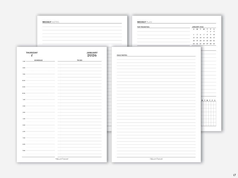 Puede incluir: Un conjunto de p&aacute;ginas de planificador blancas con texto negro. Las p&aacute;ginas incluyen secciones para notas semanales, planes semanales, notas diarias y un calendario para enero de 2026. Las p&aacute;ginas est&aacute;n rayadas.