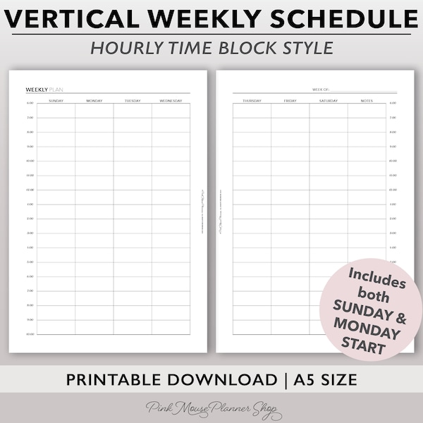 Two Page Weekly Planner Printable, Time Block Planner Insert, Hourly Planner Page, Undated Vertical Weekly Calendar, Weekly Schedule Planner
